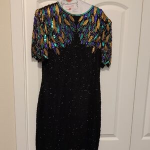 Laurence Kazar Black Dress with Gold, Blue, and Green Accents